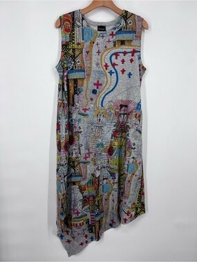 Inoah Grey Sleeveless Asymmetric Tank Midi Dress Art to Wear Print Large